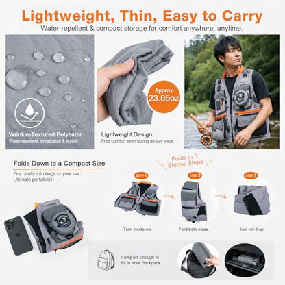Goture Fishing Vest,Lightweight Breathable Nylon Fly Fishing Vest for Men and Women,20 Pockets Vests for Outdoor Activities