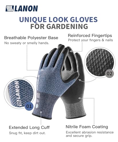 LANON Gardening Gloves for Men Women, 2 Pairs Nitrile Coated Garden Gloves with Grip, Breathable B.COMB AIR Technique, Dusty Olive & Bluebird, Medium - color: Dusty Olive & Bluebird (Nitrile), size: Medium
