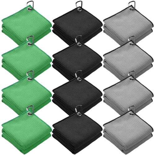 Batiyeer 12 Pcs Golf Towel Bulk for Golf Bags Microfiber Fabric Towel with Clip Waffle Pattern, Fitness, Camping, Hiking, Yoga - color: Black, Gray, Green