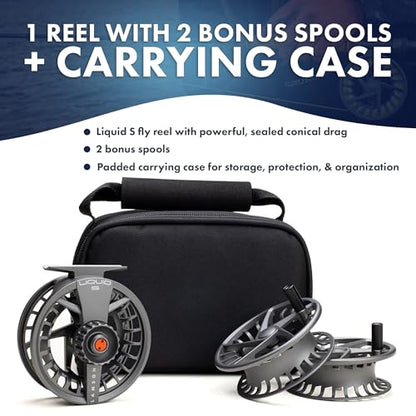 LAMSON | Liquid S-Series Fly Fishing Reel 3 Pack | All-Water | 1 Reel & 2 Bonus Spools + Carrying Case | Large Arbor, Powerful Sealed Drag, Pressure Cast Aluminum - color: SMOKE, size: -7+