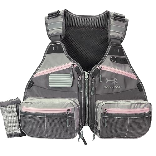 BASSDASH Fly Fishing Vest Adjustable Size with Detachable Water Bottle Holder for Men and Women FV07 - color: Women’s Size - Grey/Light Pink