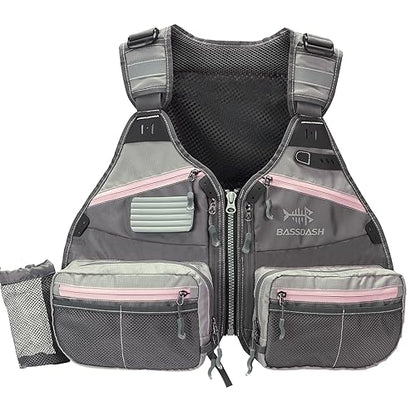 BASSDASH Fly Fishing Vest Adjustable Size with Detachable Water Bottle Holder for Men and Women FV07 - color: Women’s Size - Grey/Light Pink