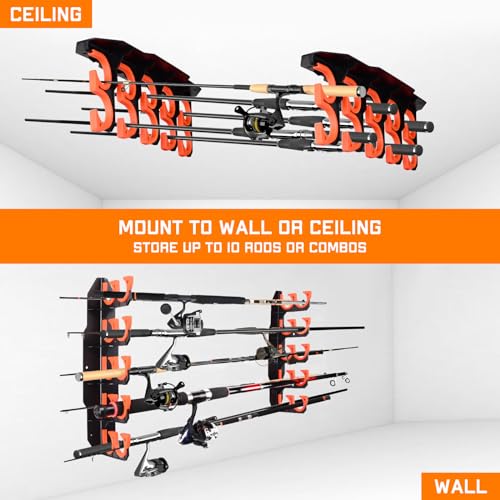 Hikeen Fishing Rod Holders, Fishing Pole Holders for Garage, Wall or Ceiling Mounted Fishing Rod Rack Holds Up to 10 Rods(2 Pack) - style: Orange-2Pack