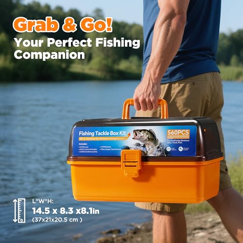 560Pcs Fishing Tackle Box Kit with Lures, Pliers, Hooks & Accessories - 4-Layer Waterproof Storage Box - Complete Fishing Gear Set for Freshwater/Bass Fishing - Ideal Gift for Men