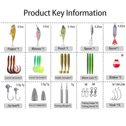 Fishing Lures Kit, Bass Lures Kit with Tackle Box Included Topwater Baits, Swimbaits,Complete Freshwater Fishing Gear Set for Beginners & Anglers