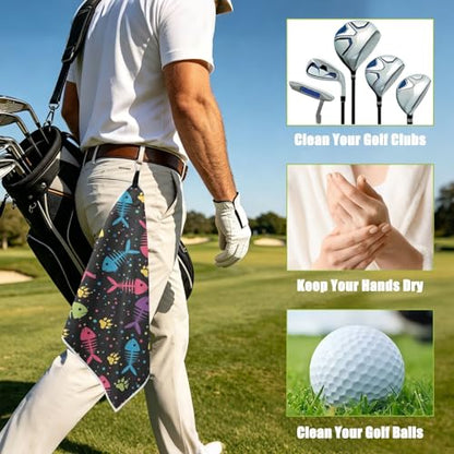 Colorful Fish Paw Black Pattern Magnetic Golf Towel for Golf Bags Microfiber Golf Essentials for Men Women with Carabiner Clip Attaches to Carts and Clubs, 17.7"x17.7"