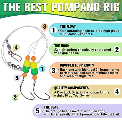 Pompano-Rigs-for-Surf-Fishing-Saltwater-Gear with Double Circle & Wide Gap Hook-6-Pack Surf Fishing Tackle - color: Green and Chartreuse 6-Pack, size: #2 Wide Gap Hook