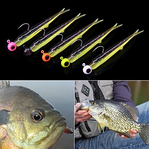 Crappie-Baits- Plastics-Jig-Heads-Kit-Minnow-Fishing-Lures-for Crappie-Panfish-Bluegill-20Piece Kit - 15 Bodies- 5 Crappie Jig Heads - color: #07 TuxedoBlack-Chartreuse