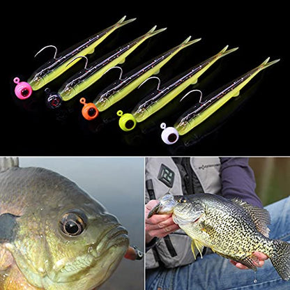 Crappie-Baits- Plastics-Jig-Heads-Kit-Minnow-Fishing-Lures-for Crappie-Panfish-Bluegill-20Piece Kit - 15 Bodies- 5 Crappie Jig Heads - color: #07 TuxedoBlack-Chartreuse