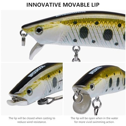 BASSROCK Minnow Swimbait Bass Trout Fishing Lure with Movable Lip Hard Bait 3.5” 1/2oz - color: Golden/White