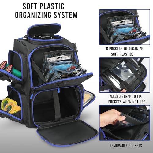 Large Fishing Backpack with 4 Tackle Boxes - Waterproof Fishing Tackle Backpack with Fishing Rod Holder - Heavy Duty 43L Fishing Tackle Box for your Fishing Lures and Fishing Gear