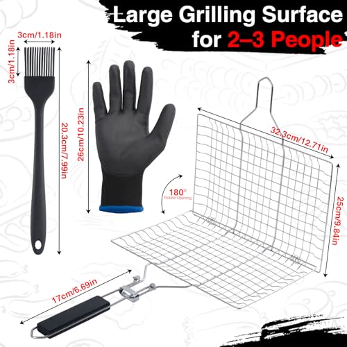Grill Basket Set – Stainless Steel Folding BBQ Basket with Basting Brush & Heat-Resistant Gloves, Portable Outdoor Rack for Fish, Vegetables, Shrimp, Gift for Dad, Husband, Friends