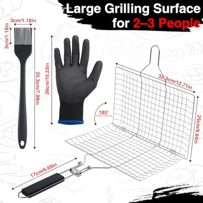 Grill Basket Set – Stainless Steel Folding BBQ Basket with Basting Brush & Heat-Resistant Gloves, Portable Outdoor Rack for Fish, Vegetables, Shrimp, Gift for Dad, Husband, Friends