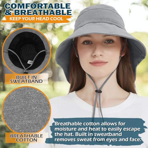 Women's Cotton Sun Hat with Neck Flap, UV Protection Wide Brim Outdoor Hat | Adjustable Fit, Moisture-Wicking & Breathable, Packable & Lightweight for Fishing Hiking Gardening Beach Safari - color: Dark Grey