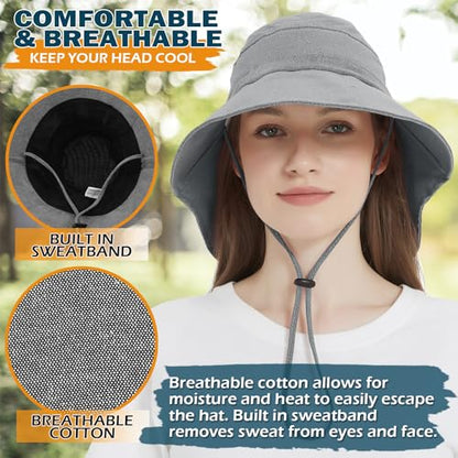 Women's Cotton Sun Hat with Neck Flap, UV Protection Wide Brim Outdoor Hat | Adjustable Fit, Moisture-Wicking & Breathable, Packable & Lightweight for Fishing Hiking Gardening Beach Safari - color: Dark Grey