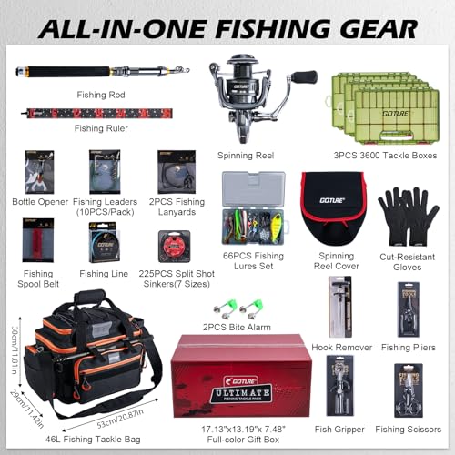 Goture Fishing Rod and Reel Combos,1.8M-2.7M Telescopic Fishing Pole Spinning Reel Line Lures Set with Carrier Bag,Telescopic Rod Kit for Starter Travel Saltwater Freshwater Gear Gift - color: E1:Fishing Full Kit with Tackle Bag, size: 7 ft/2.1 m