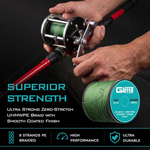 Gaffer Sportfishing Braided Fishing Line – Green – 8-Strand UHMWPE Braid, Ultra-Strong Zero-Stretch, Smooth Coated – Abrasion-Resistant for Saltwater & Freshwater – High Knot Strength - size: 2000Yards - 100lb