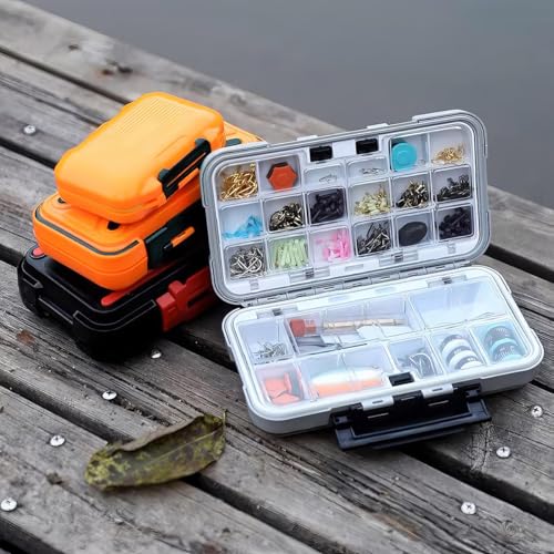 Double Sided Waterproof Fishing Tackle Box, Small Portable Lure Case with Compartments for Hooks Baits (Grey)