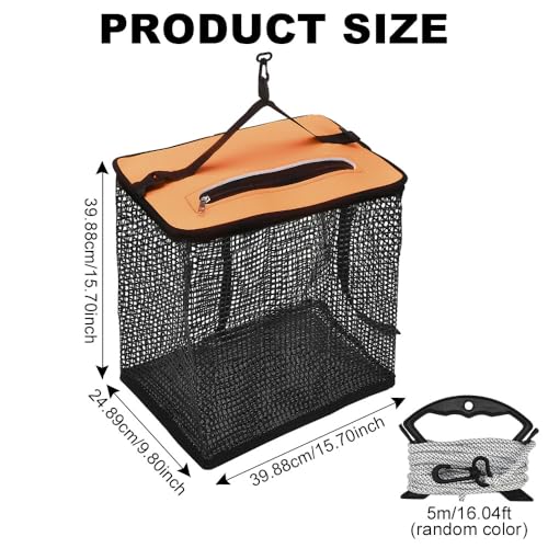 XhuangTech Floating Fishing Basket, Collapsible Fish Basket Portable Fishing Net Storage Cage for Live Caught Fish, Foldable Rubber Coated Bait Minnow Bucket 3.5/10 Gallons Live Well, Orange - size: Large