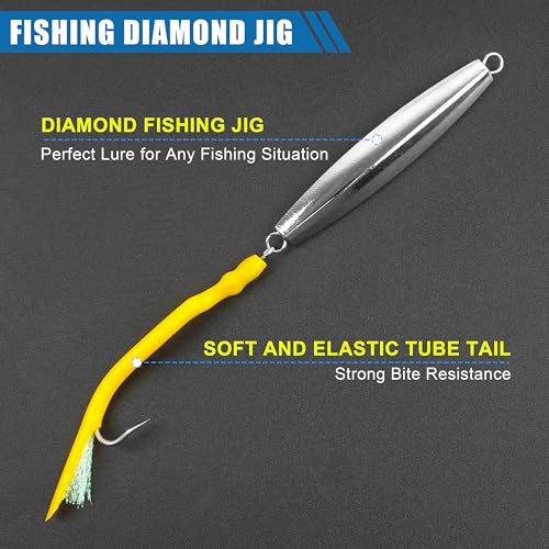 Diamond Jig Saltwater Fishing Lures Casting Jigging Spoon with Tube Tail Stainless Steel Hooks Trolling Lures Striped Bass Metal Jig for Deep Sea Surf Fishing Bottom Dragging Sinking - color: Yellow, size: 2 oz