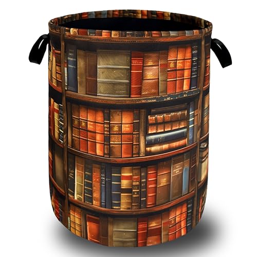 Retro Wooden Bookshelf Pattern Laundry Hamper Books Laundry Basket With Handles Foldable Oxford Cloth Funny Tote Bag Clothes Toy Storage Bucket 18.9"x16.5" For Bathroom/Laundry/Bedroom - color: Retro Wooden Bookshelf