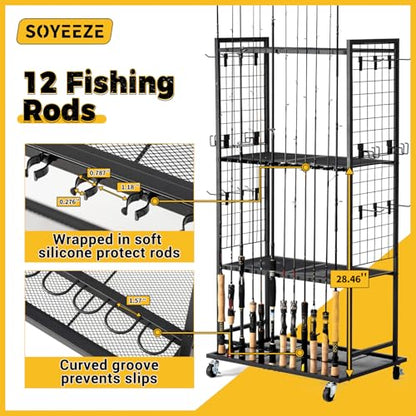 SOYEEZE Fishing Rod Holders for Garage, 4 Tier Adjustable Fishing Pole Holders Up to 12 Rods, Fishing Rod Rack with Lockable Wheels for Large Tackle Box Storage and Fishing Equipment Organization