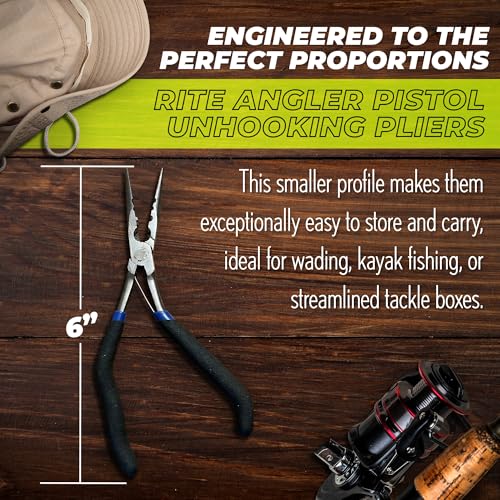 Rite Angler Pistol Unhooking Pliers – Fishing Pliers with Pistol Grip for Hook Removal, Freshwater/Saltwater, Needle Nose Tool for Fish - Blue/Black, 6"