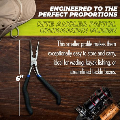 Rite Angler Pistol Unhooking Pliers – Fishing Pliers with Pistol Grip for Hook Removal, Freshwater/Saltwater, Needle Nose Tool for Fish - Blue/Black, 6"