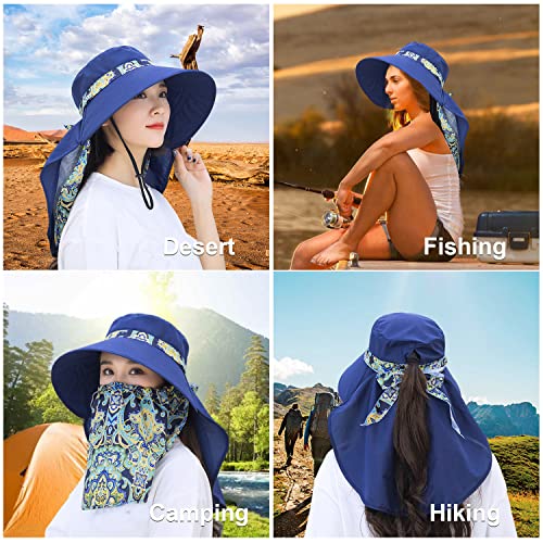 Women Wide Brim Face Mask Sun Hat Detachable Neck Face Flap Ponytail UV Protection Visor Hat Garden Fishing Hiking - color: M9099-navy