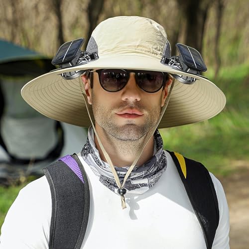 Solar Powered Fan Hat with 2 Fans, Wide Brim Sun Hat for Men Women, Adjustable Cooling Fishing Hat for Outdoor - color: Khaki