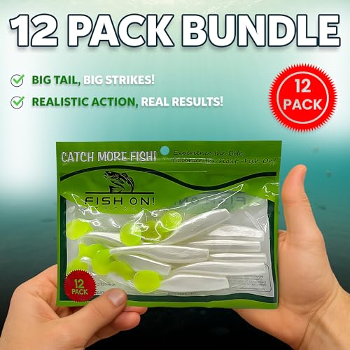 Soft Plastic Paddle Tail Swimbaits – 3 1/4", 4" & 5" Soft Plastic Fishing Lures with Extra-Large Tail for Lifelike Swimming Action – Freshwater & Saltwater - color: Pearl White with Electric Green Tail, size: 4 Inch - 12 Pack