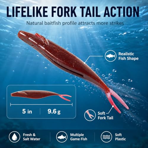 Soft Plastic Jerkbait Fishing Lures, 5 Inch Fluke Style Minnow Swimbaits for Bass, Walleye, Trout & Crappie, Scented Soft Baits for Freshwater & Saltwater, 10 Pack - color: Red Shad