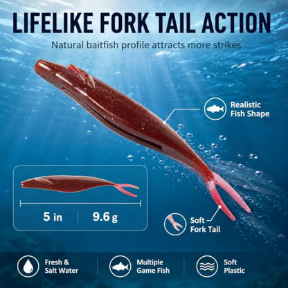 Soft Plastic Jerkbait Fishing Lures, 5 Inch Fluke Style Minnow Swimbaits for Bass, Walleye, Trout & Crappie, Scented Soft Baits for Freshwater & Saltwater, 10 Pack - color: Red Shad