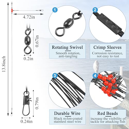 Fishing Leaders Saltwater Fishing Rigs Fishing Wire Leaders with Swivels Snaps High-Strength Fishing Leader Line Rig Bottom Rig Nylon Steel Sea Surf Fishing Rigs Tackle 1Arm 2Arms - color: Black Stainless Steel, style: 1 Arm, 12pcs