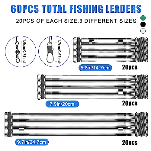 Fishing Leaders Saltwater,60pcs Stainless Steel Wire Leaders with Swivels Snap High Strength Fishing Line Leader for Connect Fishing Tackle Lure Bait Rig Hooks,6/8/10inch - color: Black - 60pcs (6"+8"+10")