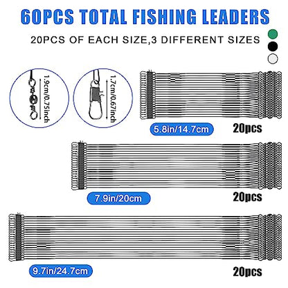 Fishing Leaders Saltwater,60pcs Stainless Steel Wire Leaders with Swivels Snap High Strength Fishing Line Leader for Connect Fishing Tackle Lure Bait Rig Hooks,6/8/10inch - color: Black - 60pcs (6"+8"+10")