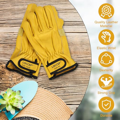 LOCCEF 2 Pairs Leather Work Gloves for Men Women Cowhide Utility | Elastic snug wrist cuff, touchscreen, tear resistant, for mechanics, construction, trucking, landscaping, warehouse