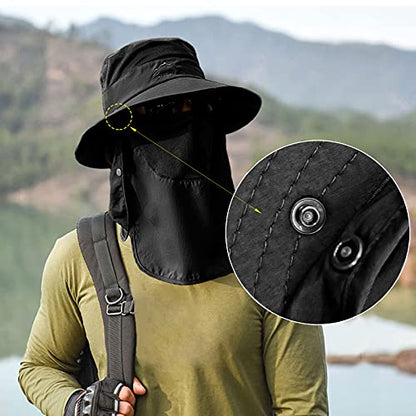 Fishing Hat for Men & Women, Outdoor UV Sun Protection Wide Brim Hat with Face Cover & Neck Flap - color: Black