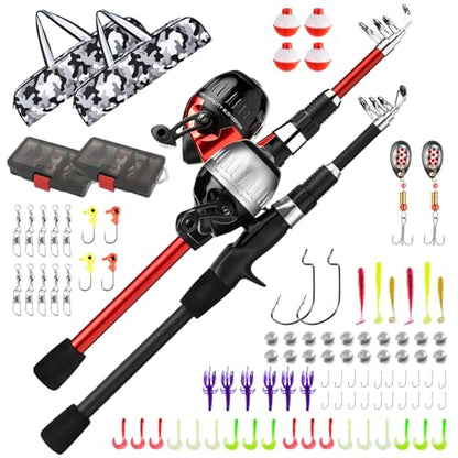WIDDEN Kids Fishing Pole, Youth Fishing Rod and Reel Combo - Telescopic Portable Fishing Pole with Tackle Box Bag Starter Anglers Set, Fishing Gear Kit for Boys Girls Teens Age 5-18 and Beginners - color: Silver + Red