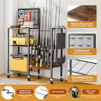 Olakee Fishing Rod Holders, Rolling Fishing Rod Rack for Garage & Boat, Tackle Box & Reel Holder Cart, Easy Assembly Fishing Gear Management System, Ideal Birthday Gift for Men Dad Anglers - color: 12 Rods,Brown