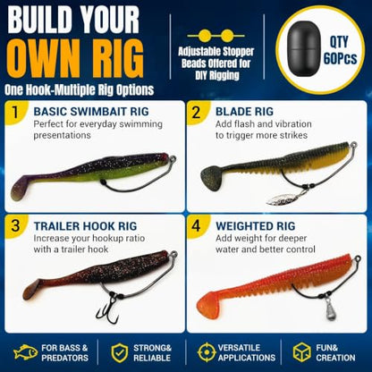EWG Swimbait Hooks with Screw Lock, 20Pcs Bass Hooks 1/0-6/0 | Wide Gap Weedless Hooks for Bass Fishing, Bait Stopper Beads for DIY Riggings, Sharp Soft Plastic Worm Hooks - size: 3/0-20Pcs