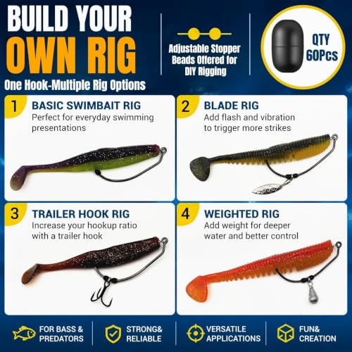 EWG Swimbait Hooks with Screw Lock, 20Pcs Bass Hooks 1/0-6/0 | Wide Gap Weedless Hooks for Bass Fishing, Bait Stopper Beads for DIY Riggings, Sharp Soft Plastic Worm Hooks - size: 1/0-20Pcs