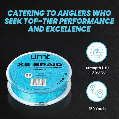 UMT Super Braid 150 Yards PE 8 Strand Fishing Line - High Strength, Available in 10lb 20Ib & 30Ib Moss Green and Sea Blue Options Pro Grade Zero Stretch Super Strong - Uncle Mo's Tackle - color: Sea Blue, size: 30LB, 150 Yards