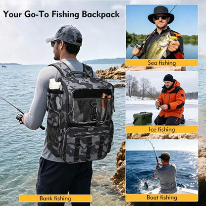 MGB 46L Fishing Tackle Backpack with 2 Rod Holders & YKK Zipper Storage Fishing Gear and Equipment, Gifts for Men Father - color: Blue+Black Camo（without Tackle Box）