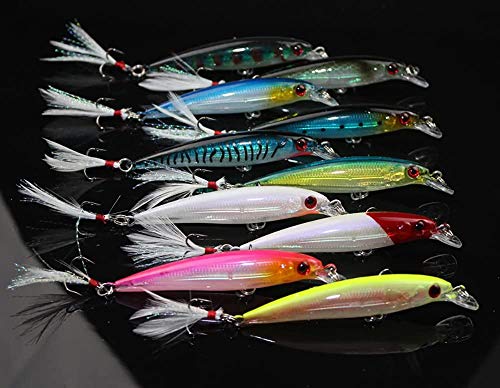 Minnow Fishing Lures Hard Bait Life-Like Swimbait Bass Crankbait 3D Fishing Eyes Treble Hooks Flasher Feathers for Bass Trout Walleye Redfish Saltwater Freshwater