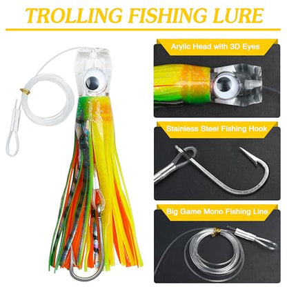 Saltwater Fishing Lures 6/9inch Trolling Lures for Marlin Mahi Tuna Dolphin Shark Big Game Deep Sea Fishing Baits Squid Skirts Rigged Hooks Ocean Gear Tackle - color: Yellow-1pcs, size: 6inch