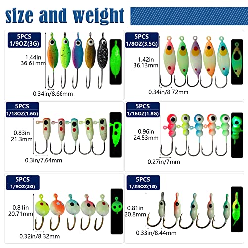 Dovesun Fishing Kit Ice Fishing Jigs Ice Fishing Lures Walleye Fishing Lures Crappie Jigs 135pcs/58pcs/45pcs/34pcs/30pcs/8pcs - color: D-Ice fishing jigs 30pcs