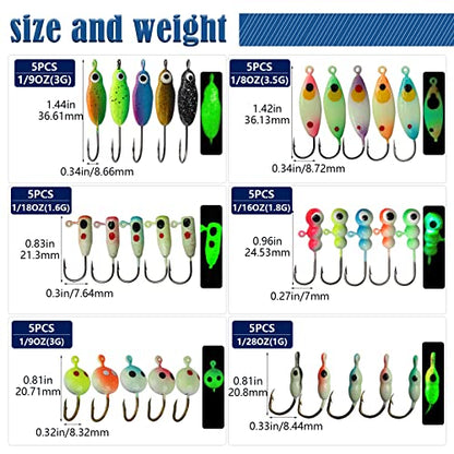 Dovesun Fishing Kit Ice Fishing Jigs Ice Fishing Lures Walleye Fishing Lures Crappie Jigs 135pcs/58pcs/45pcs/34pcs/30pcs/8pcs - color: D-Ice fishing jigs 30pcs
