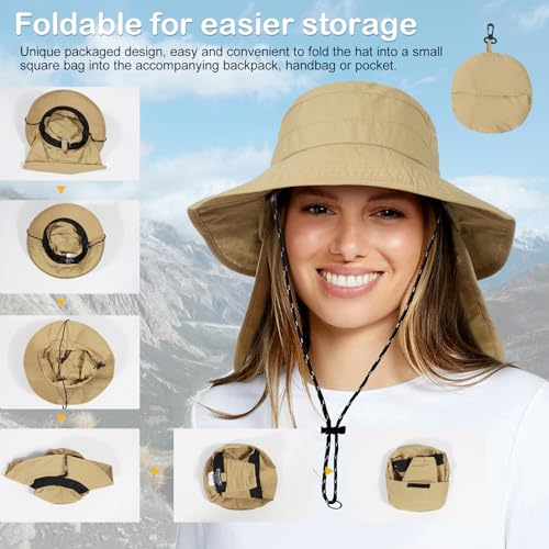 Waterproof Sun Rain Hat for Women Wide Brim UPF50+ UV Protection Packable Men Bucket Safari Fishing Hat with Neck Flap - color: Khaki