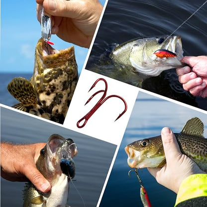 Fishing Treble Hooks Kit, Sharp Replacement Treble Hooks for Lures Baits, High Carbon Steel Fishing Hooks with Stainless Steel Split Rings Set for Bass Trout Walleye Pike - color: Red_180pcs